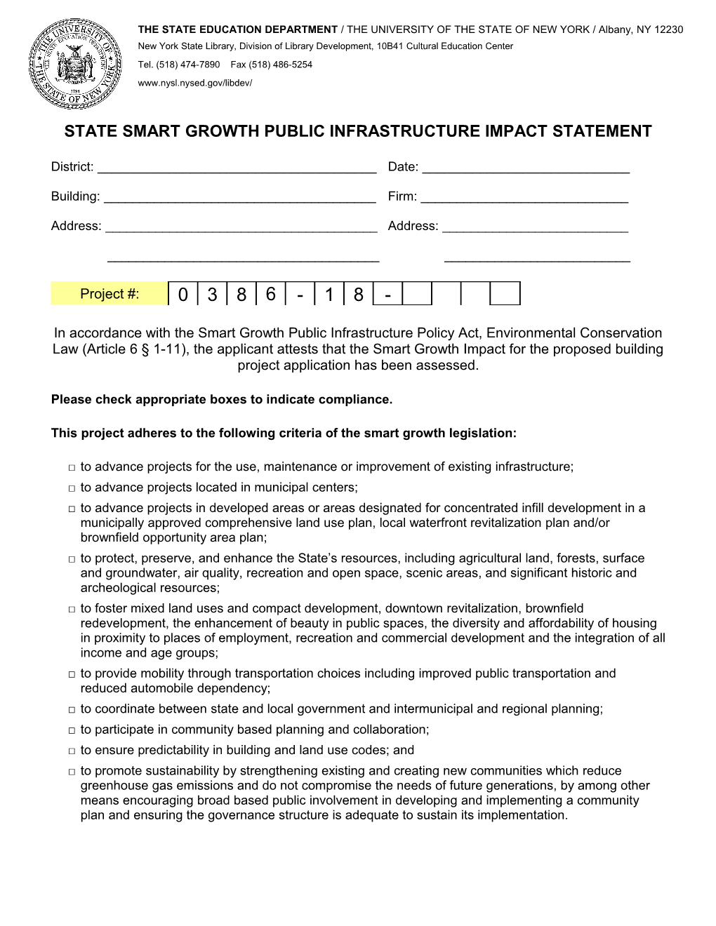 State Smart Growth Public Infrastructure Impact Statement Form