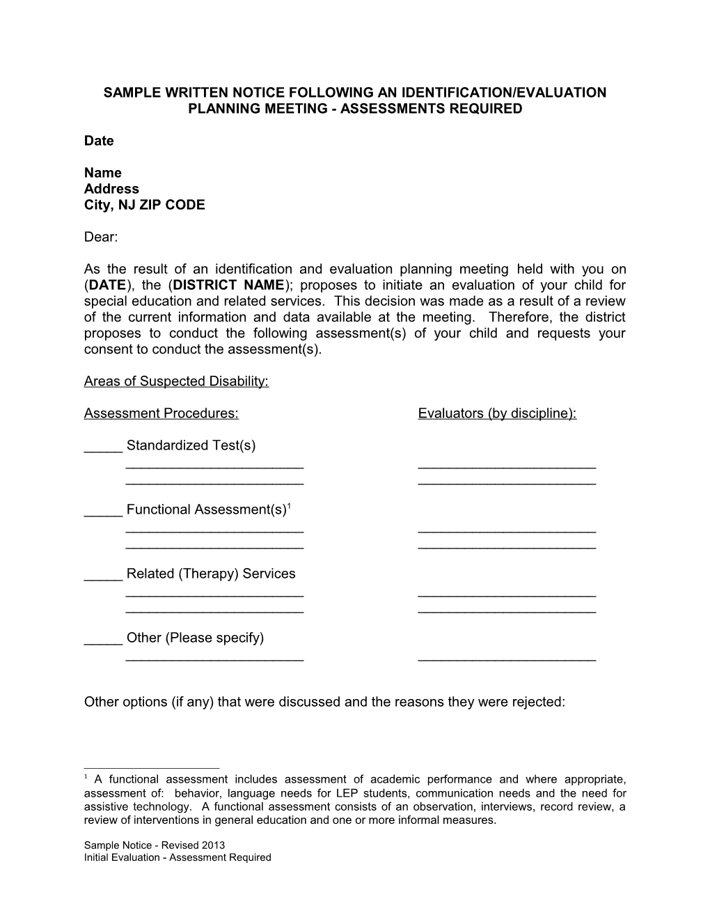 Sample Written Notice Following an Identification/Evaluation Planning Meeting - Assessments