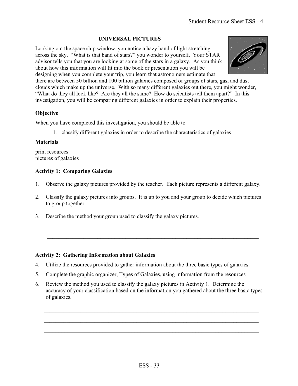 Student Resource Sheet ESS - 4