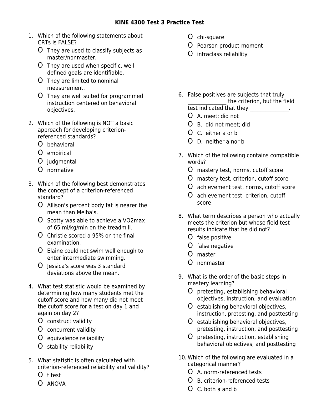 KINE 4300 Test 3 Practice Test