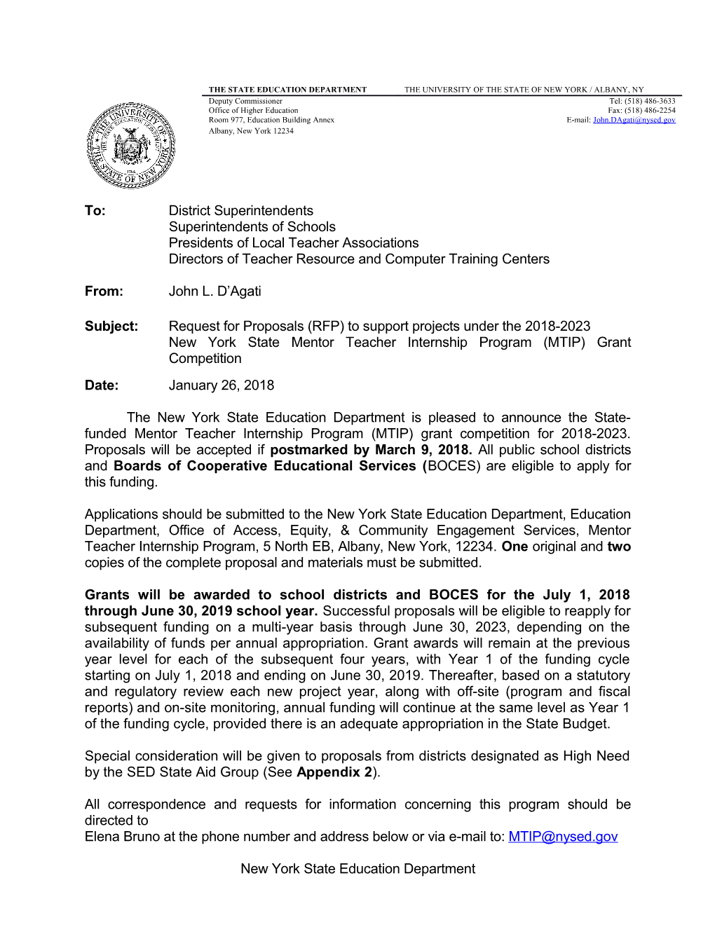 Request for Proposals (RFP) New York State Mentor Teacher Internship Program (MTIP) Grant