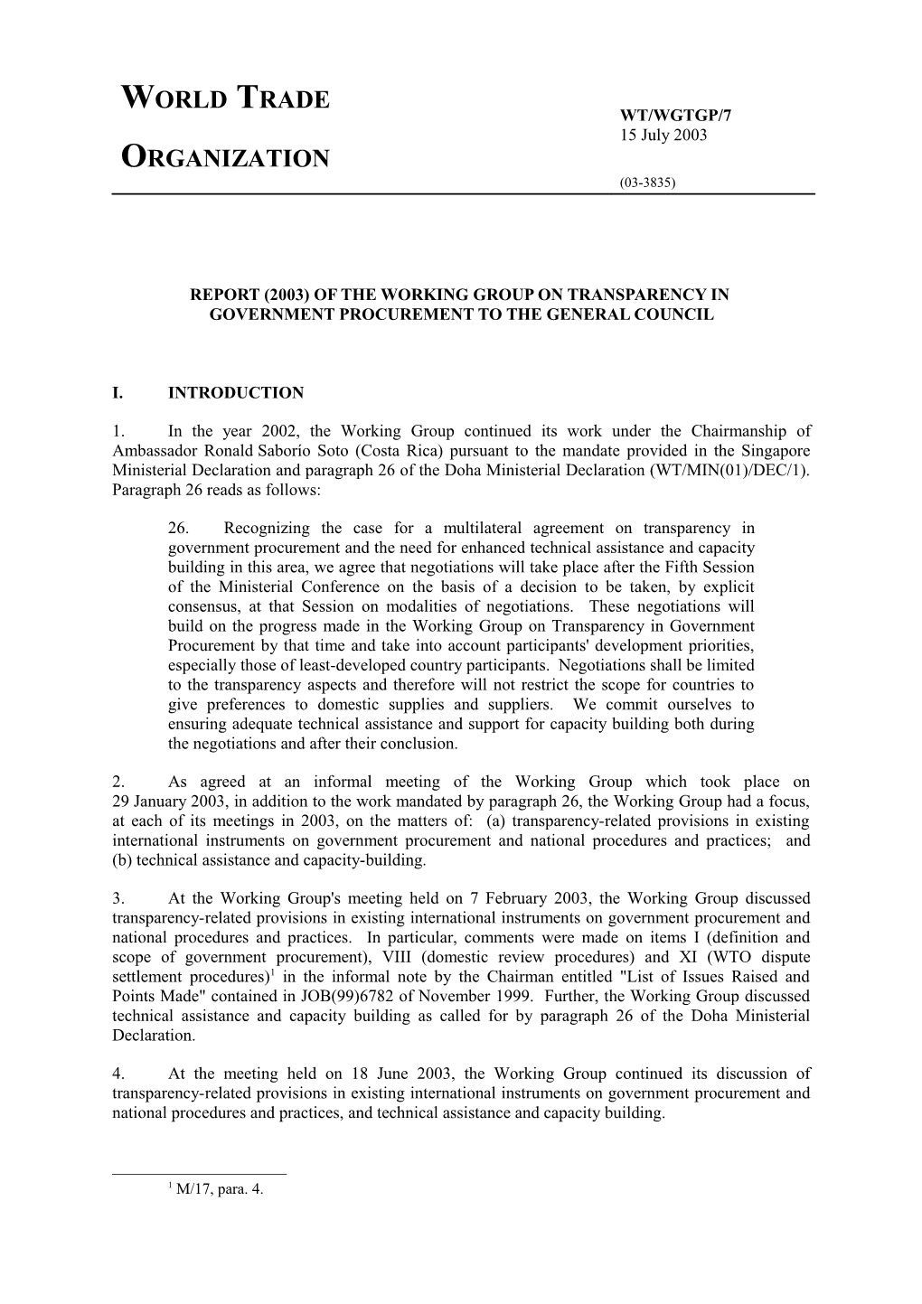 Report (2003) of the Working Group on Transparency In