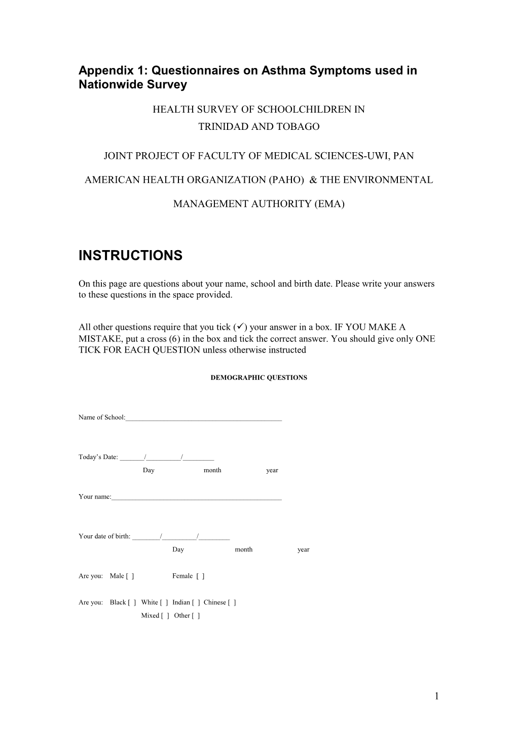 Appendix 1: Questionnaires on Asthma Symptoms Used in Nationwide Survey