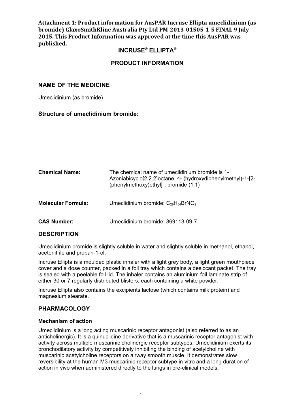 Auspar Attachment 1. Product Information for Umeclidinium Bromide