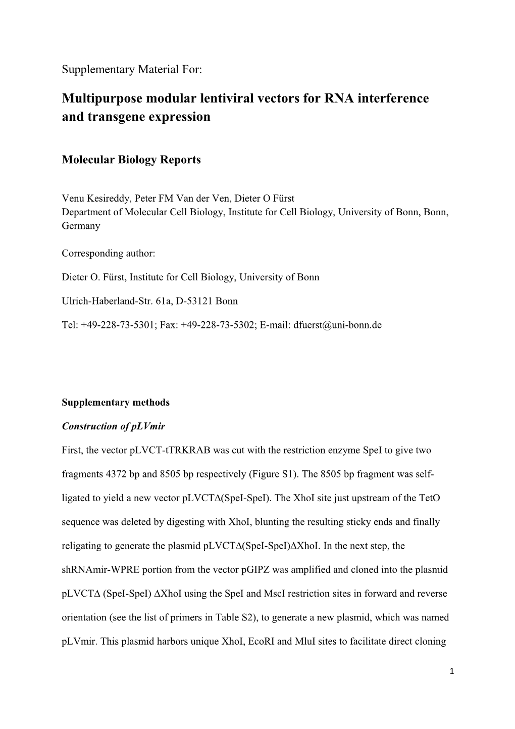 Multipurpose Modular Lentiviral Vectors for RNA Interference and Transgene Expression