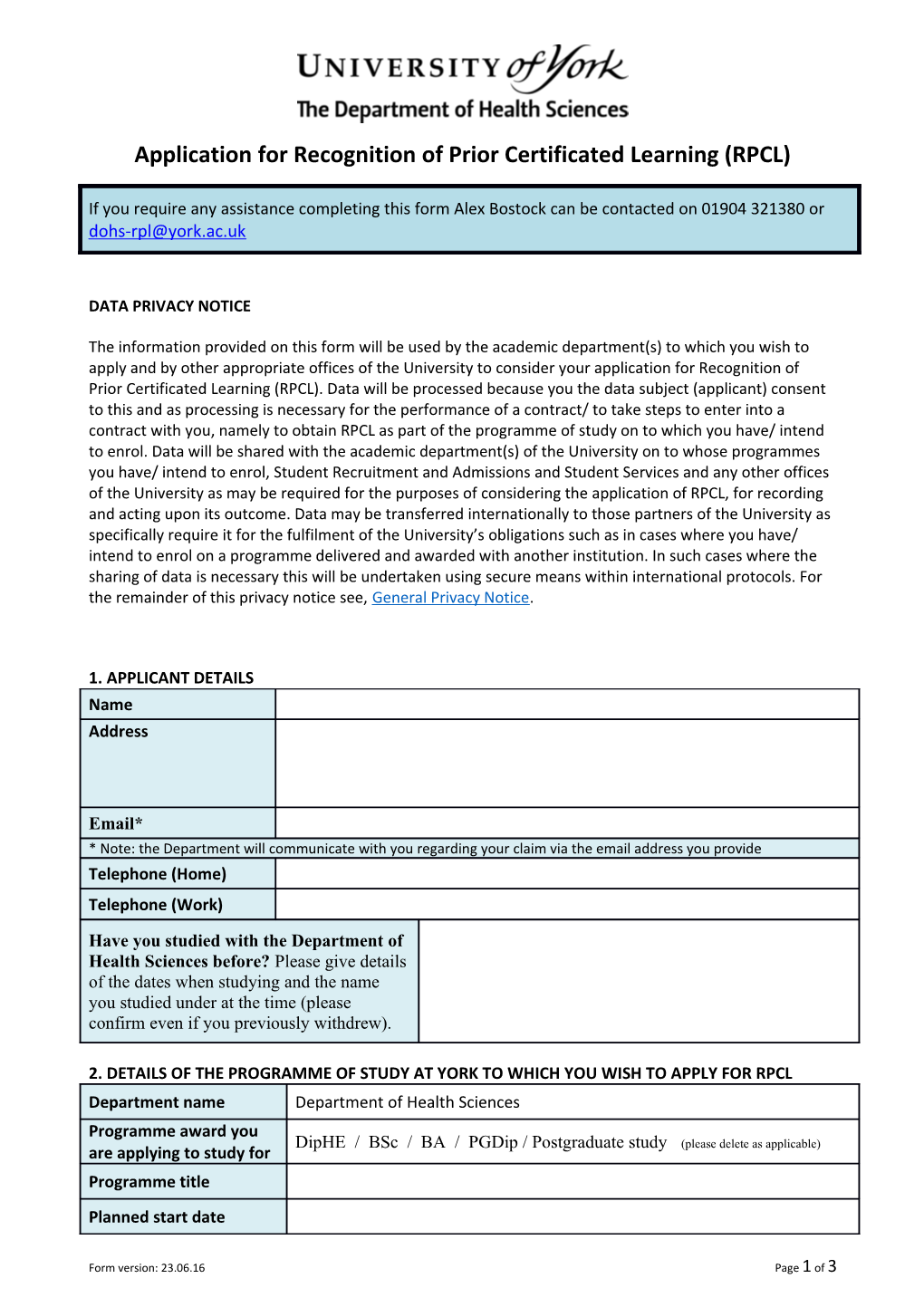 Application for Recognitionof Prior Certificated Learning (RPCL)