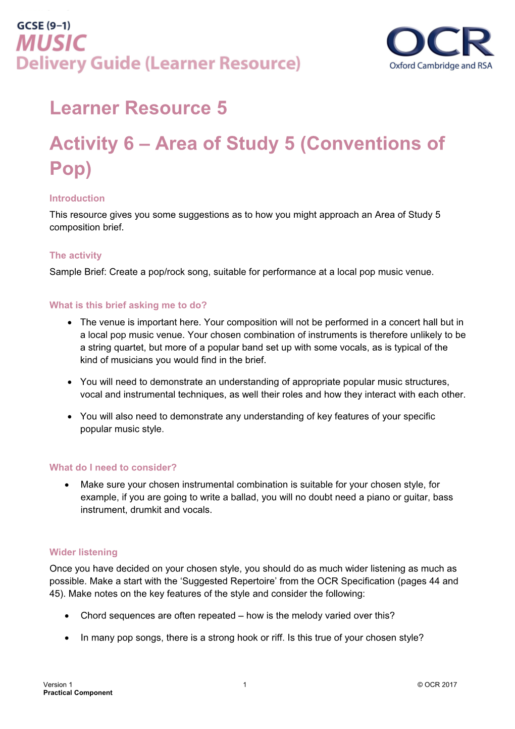 GCSE (9-1) Music Learner Resource 1 - Activity 6 Conventions of Pop