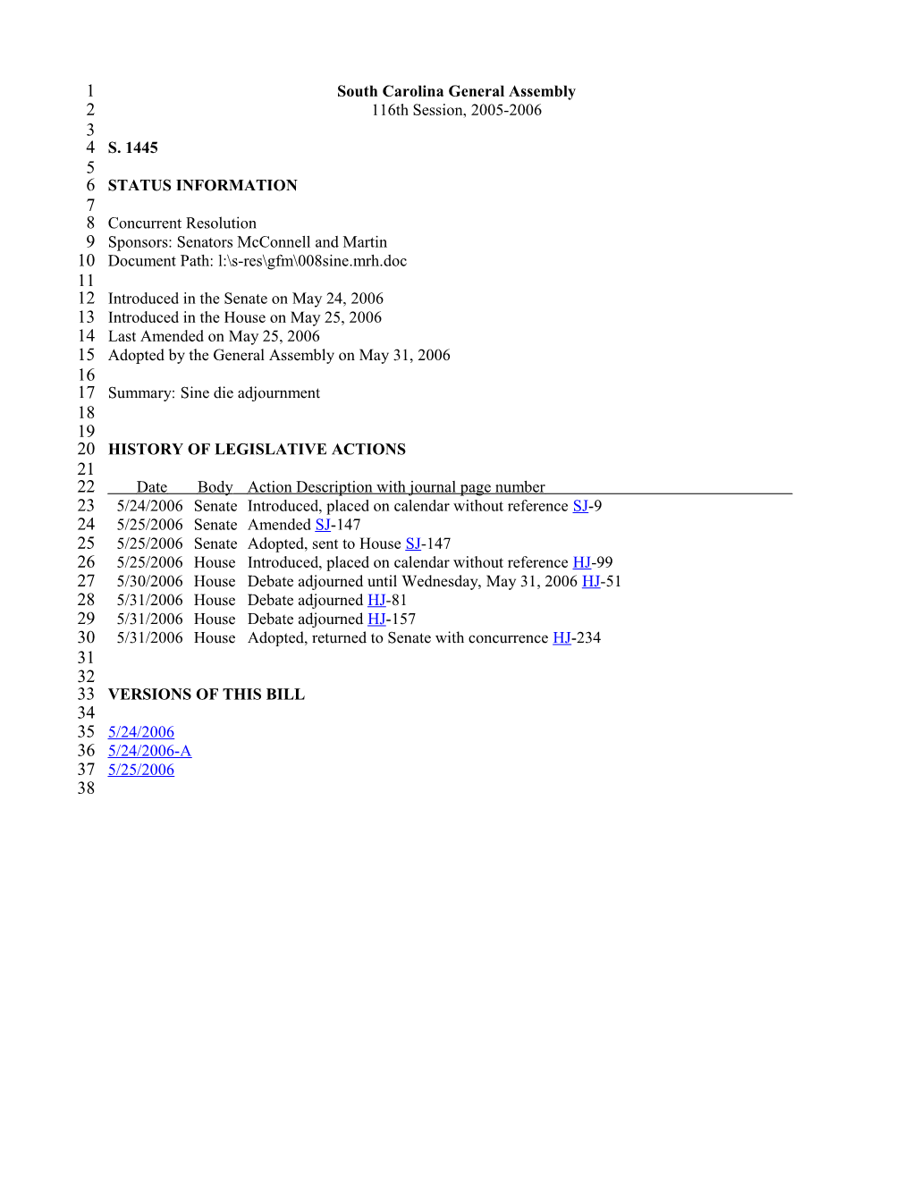 2005-2006 Bill 1445: Sine Die Adjournment - South Carolina Legislature Online