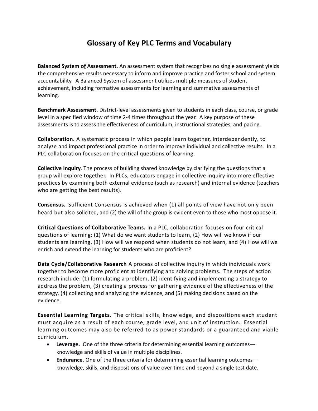 Glossary of Key PLC Terms and Vocabulary