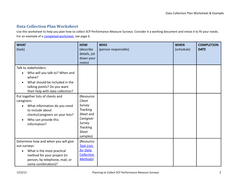 Data Collection Plan Worksheet