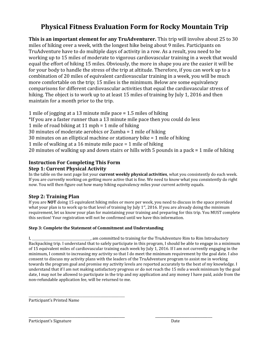 Physical Fitness Evaluation Form for Rocky Mountain Trip