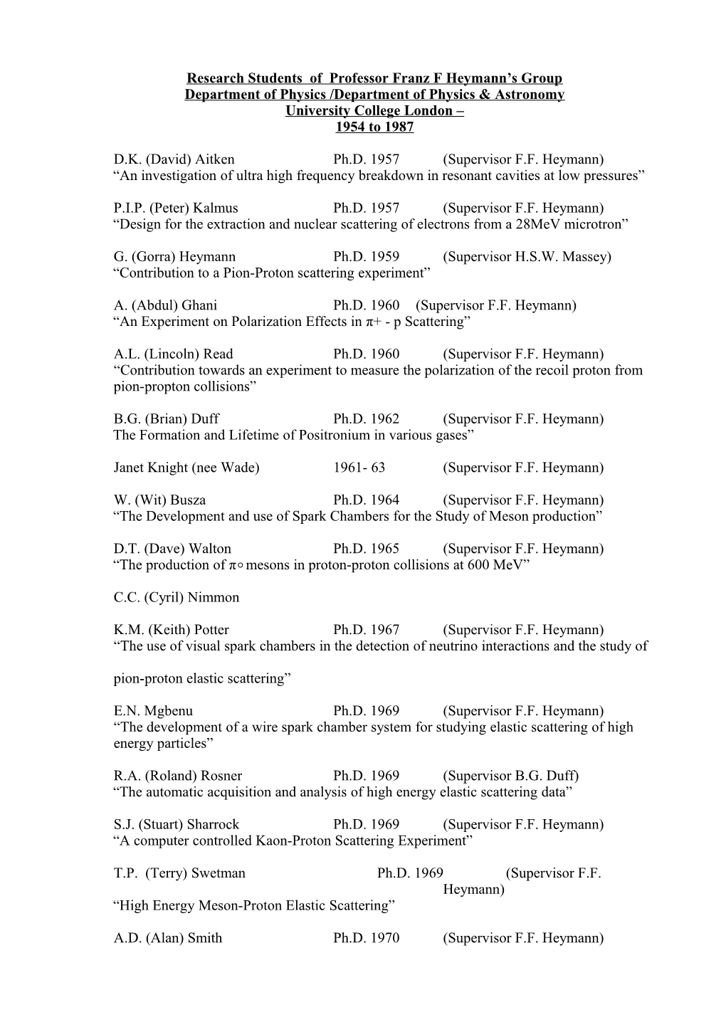 Research Students of Professor Franz F Heymann S Group