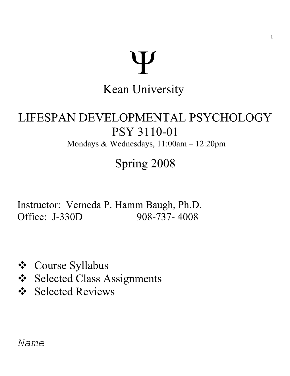 Lifespan Developmental Psychology (Psy 3110-02)