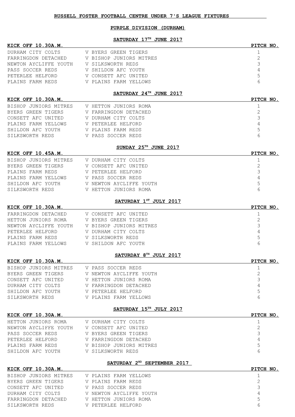 Russell Foster Football Centre Under 7'S League Fixtures