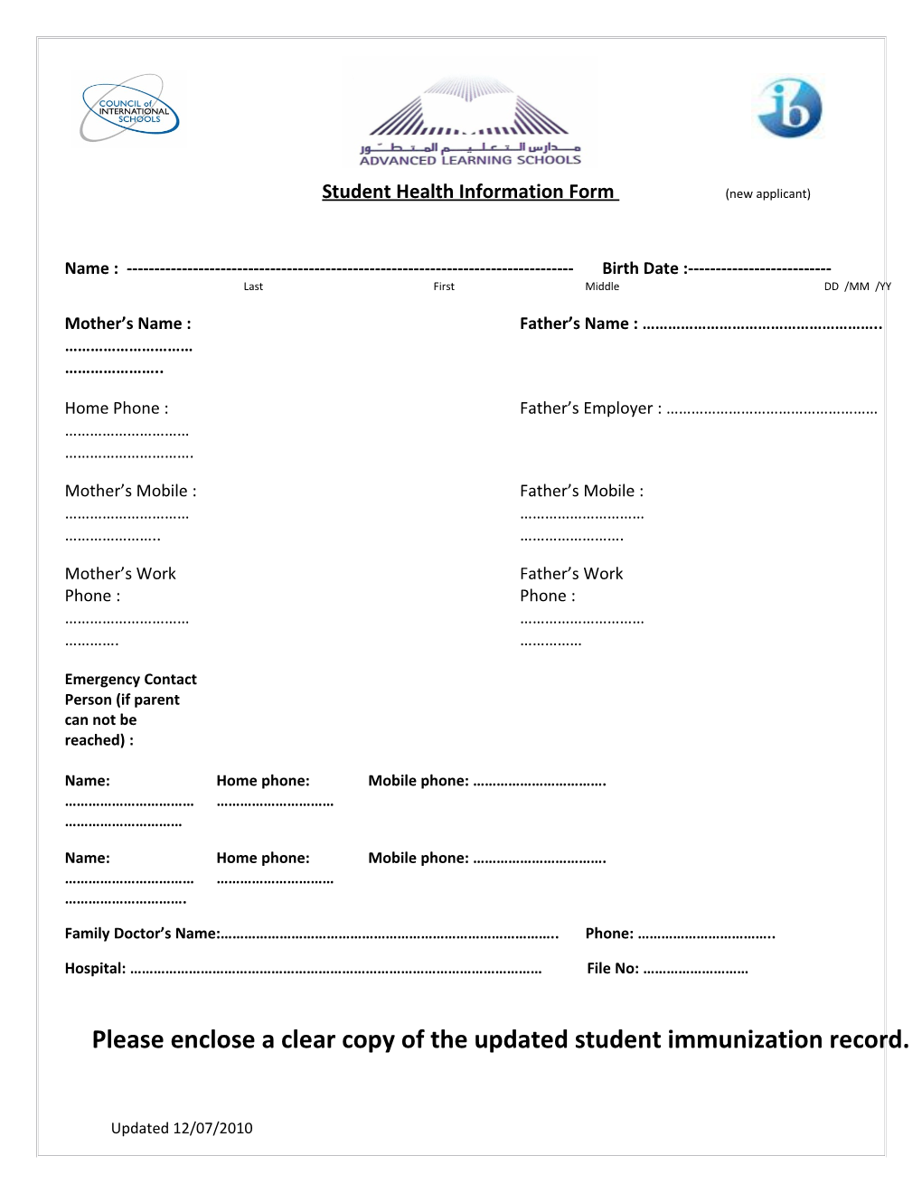 Student Health Information Form (Newapplicant)