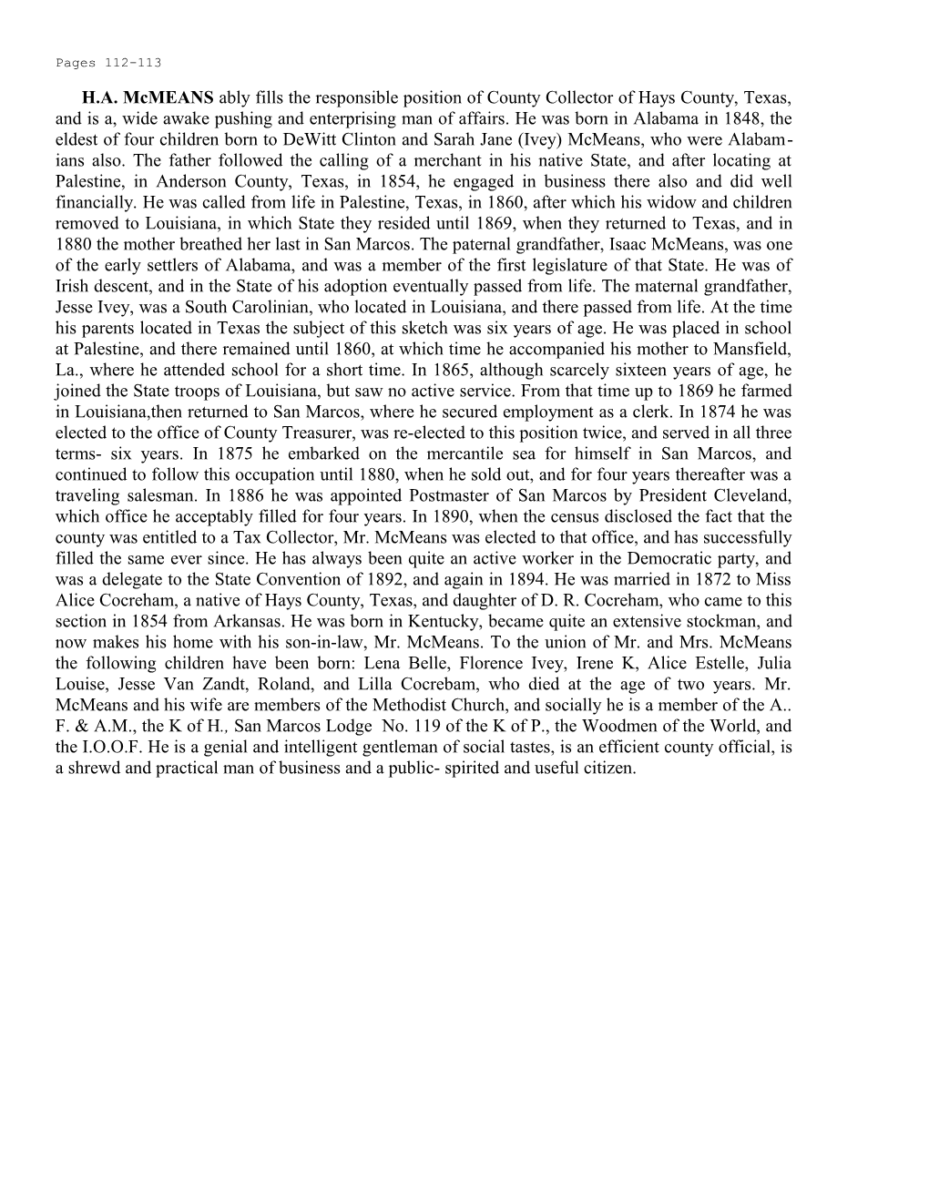 H.A. Mcmeans Ably Fills the Responsible Position of County Collector of Hays County, Texas