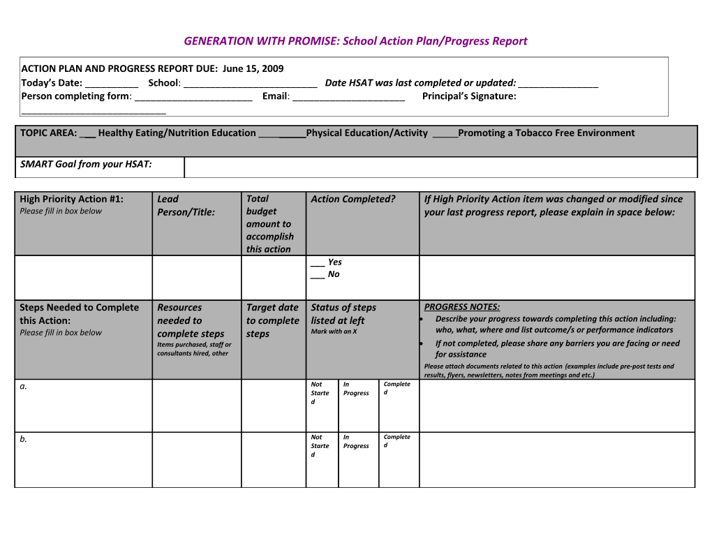 GENERATION with PROMISE: School Action Plan and Progress Report