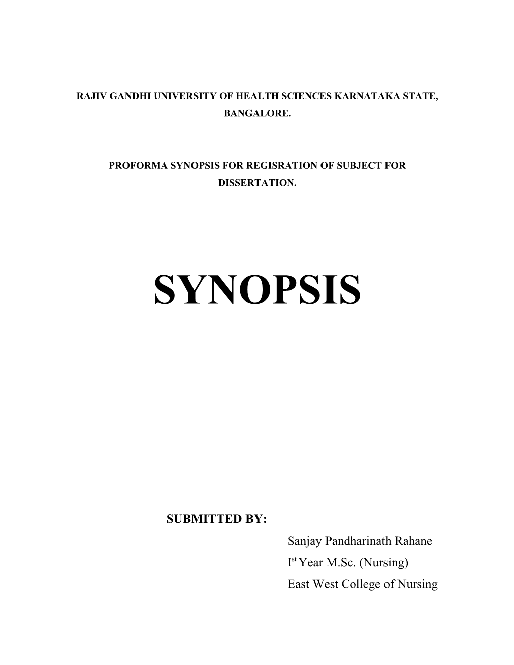 Proforma Synopsis for Regisration of Subject for Dissertation