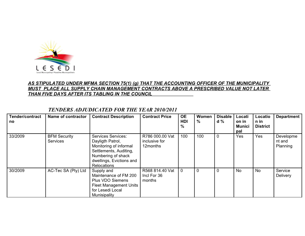 Tenders Adjudicated for the Year 2010/2011