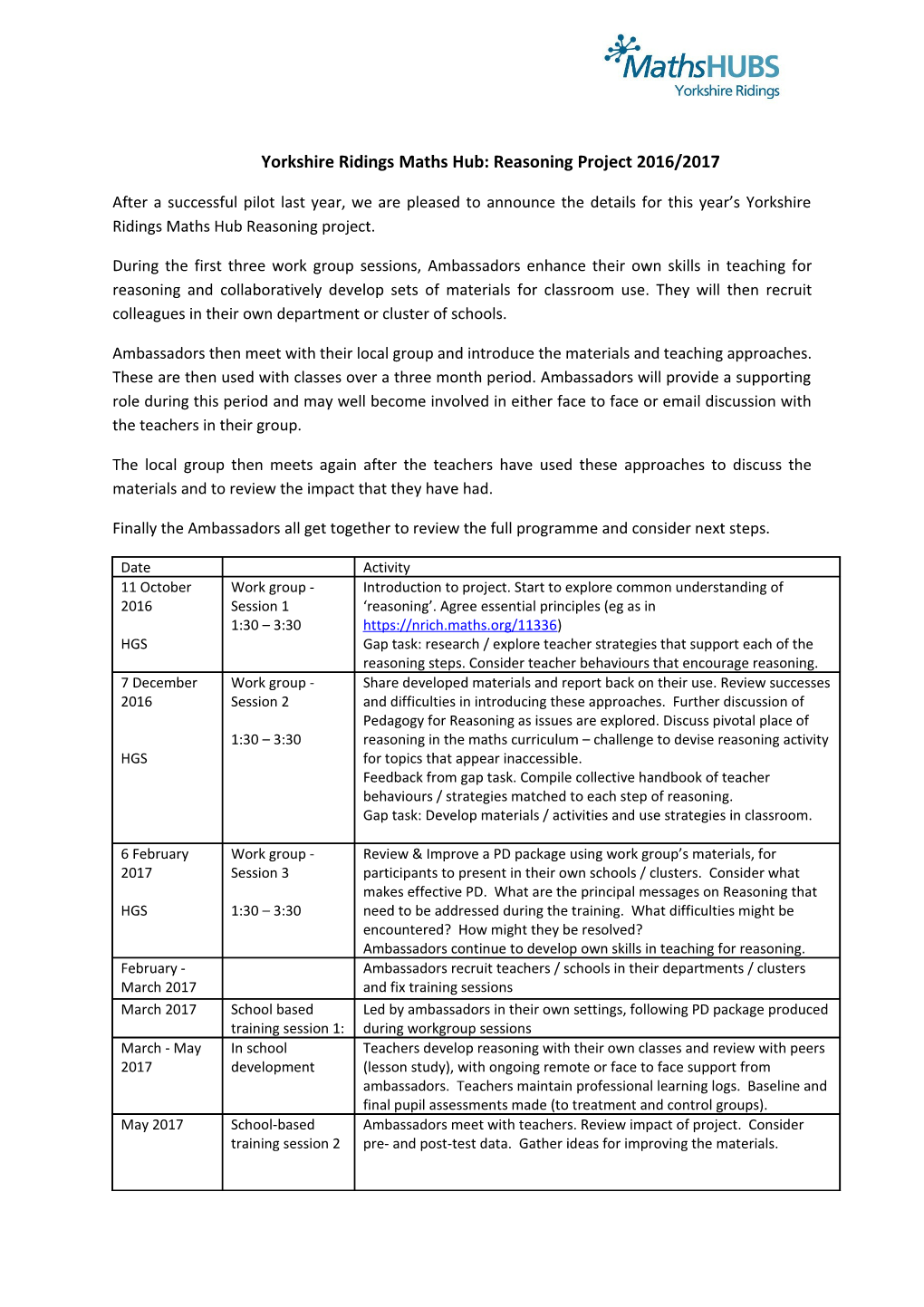 Yorkshire Ridings Maths Hub: Reasoning Project 2016/2017