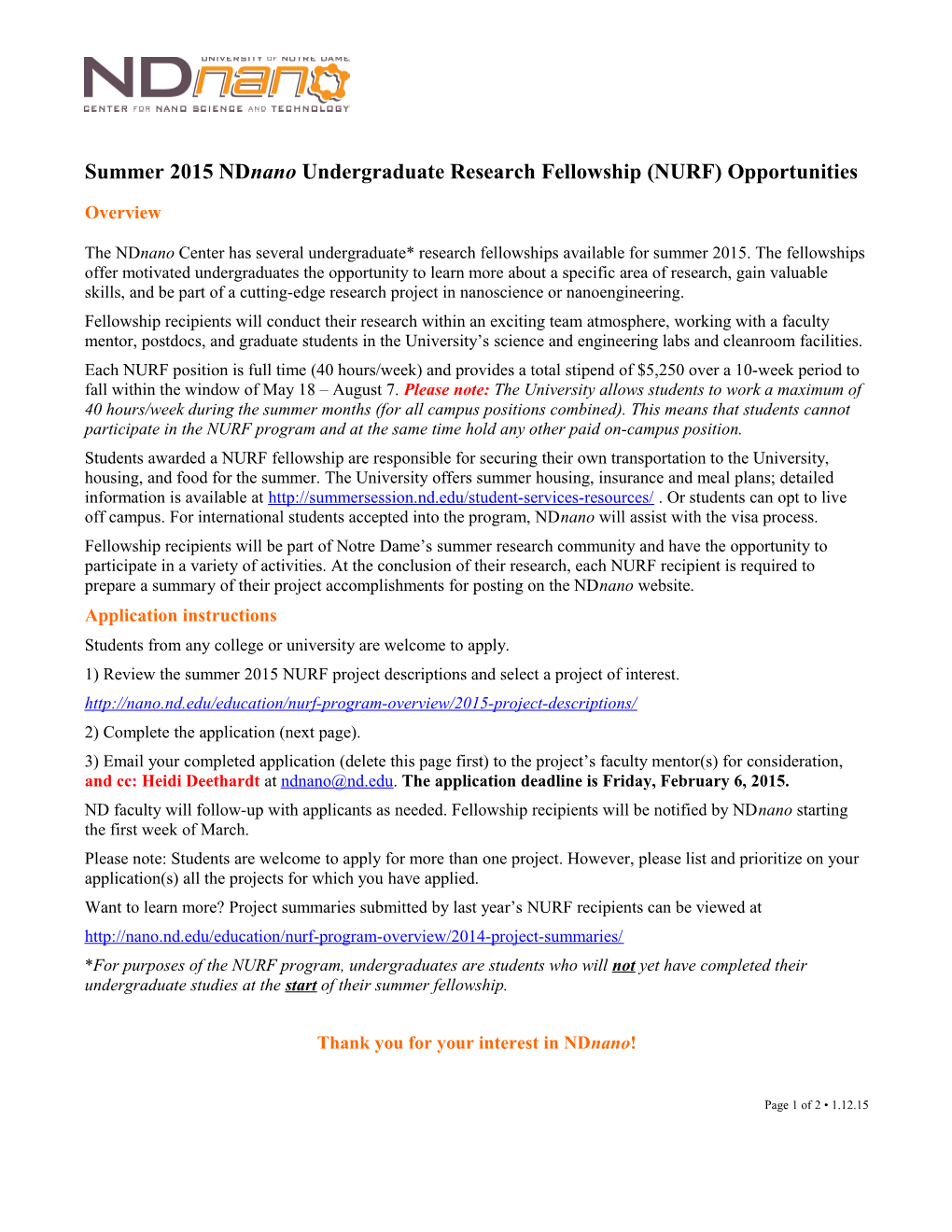 Summer 2015 Ndnano Undergraduate Research Fellowship (NURF) Opportunities