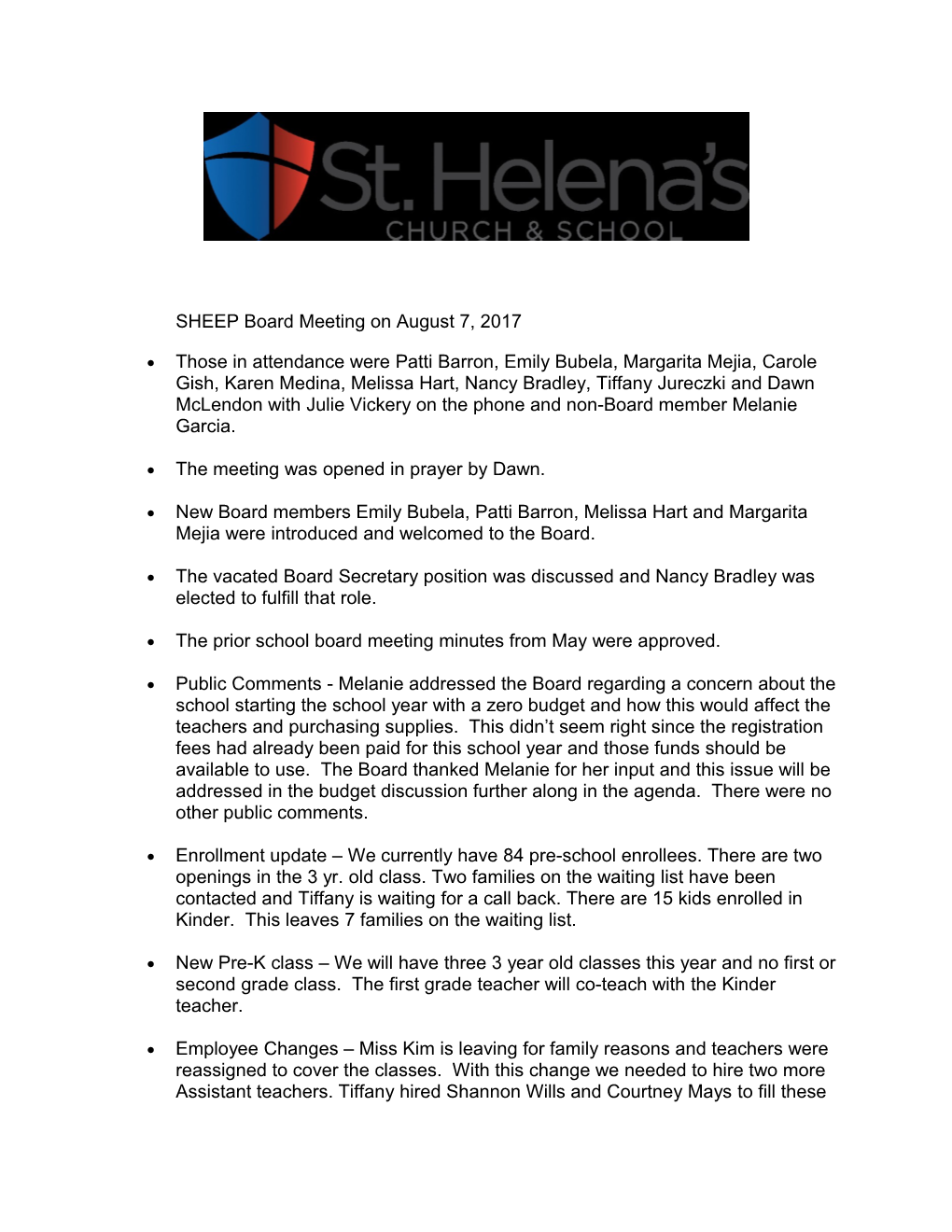 SHEEP Board Meeting on August 7, 2017