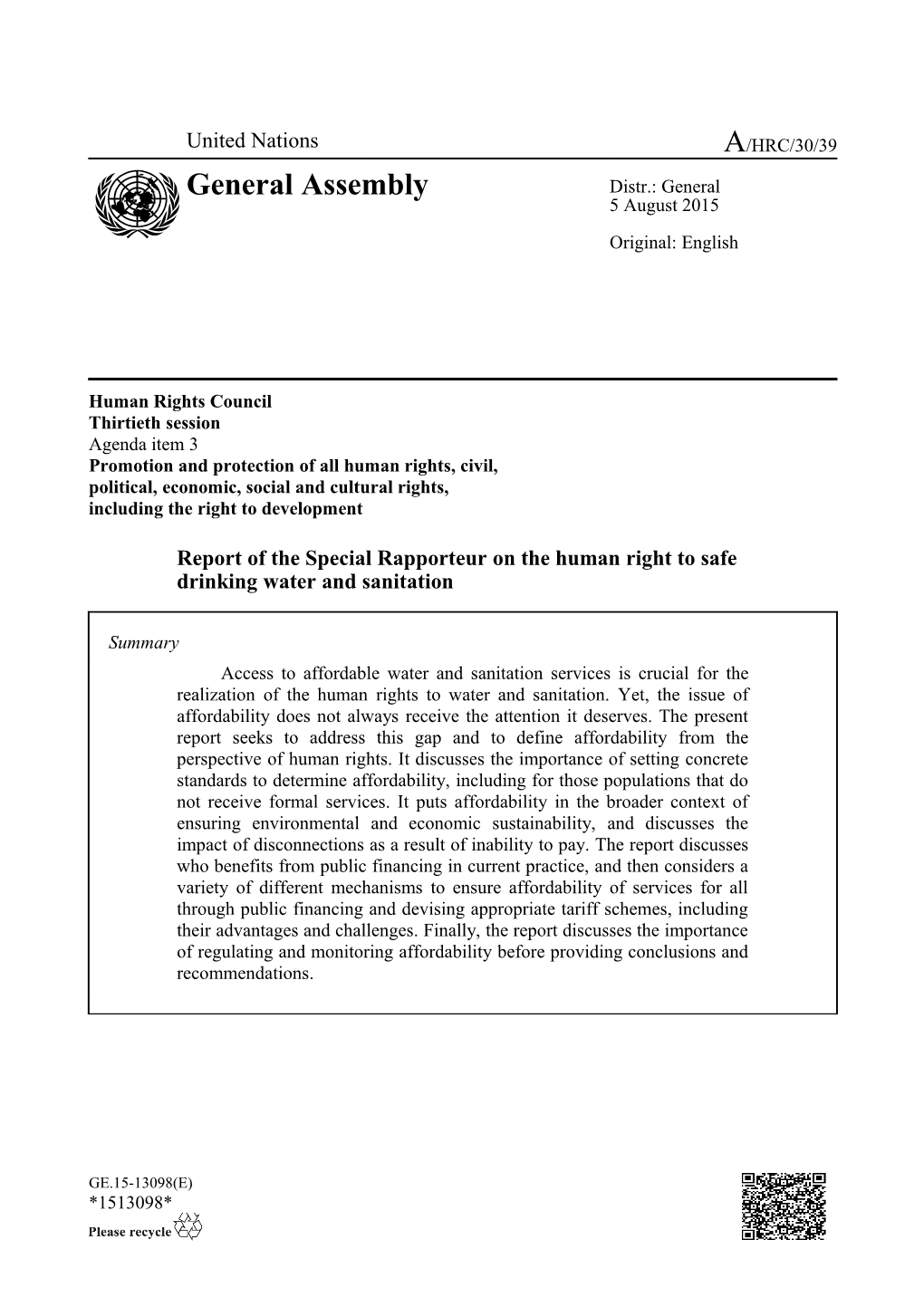 Report of the Special Rapporteur on the Human Right to Safe Drinking Water and Sanitation