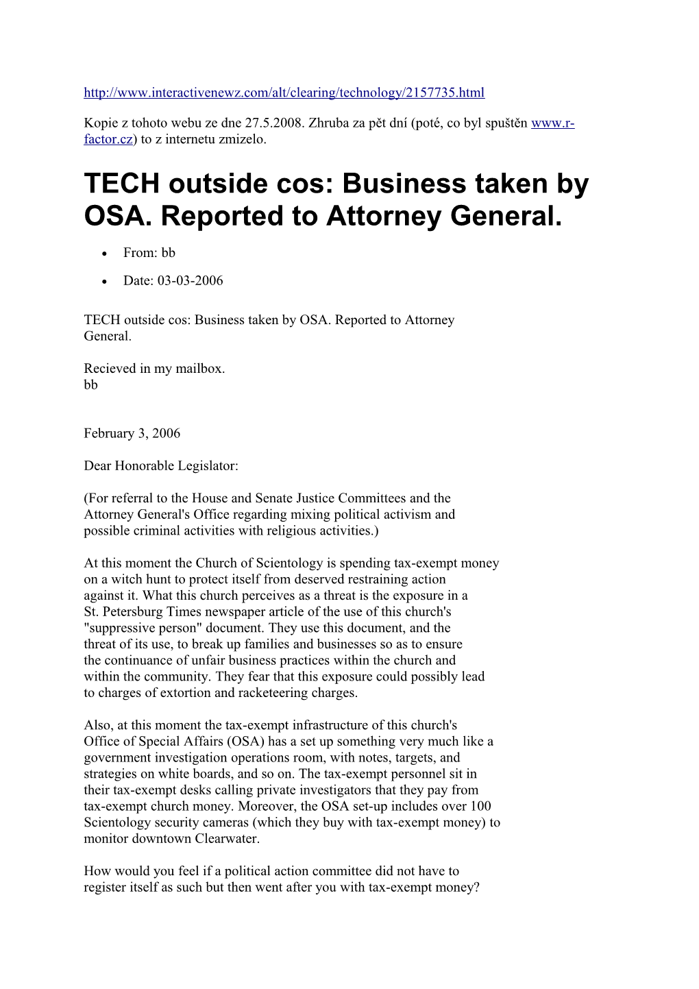 TECH Outside Cos: Business Taken by OSA. Reported to Attorney General