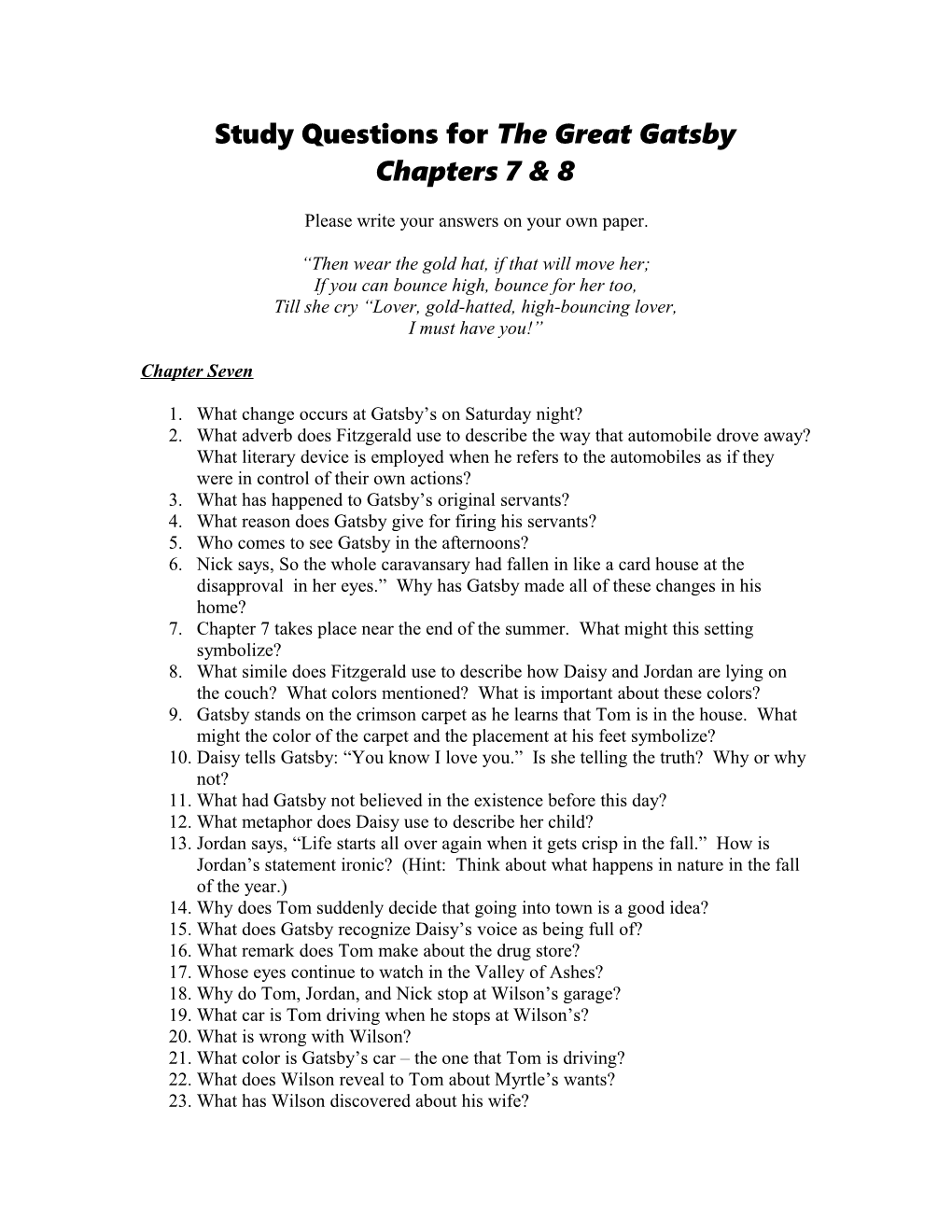 Study Questions for the Great Gatsby