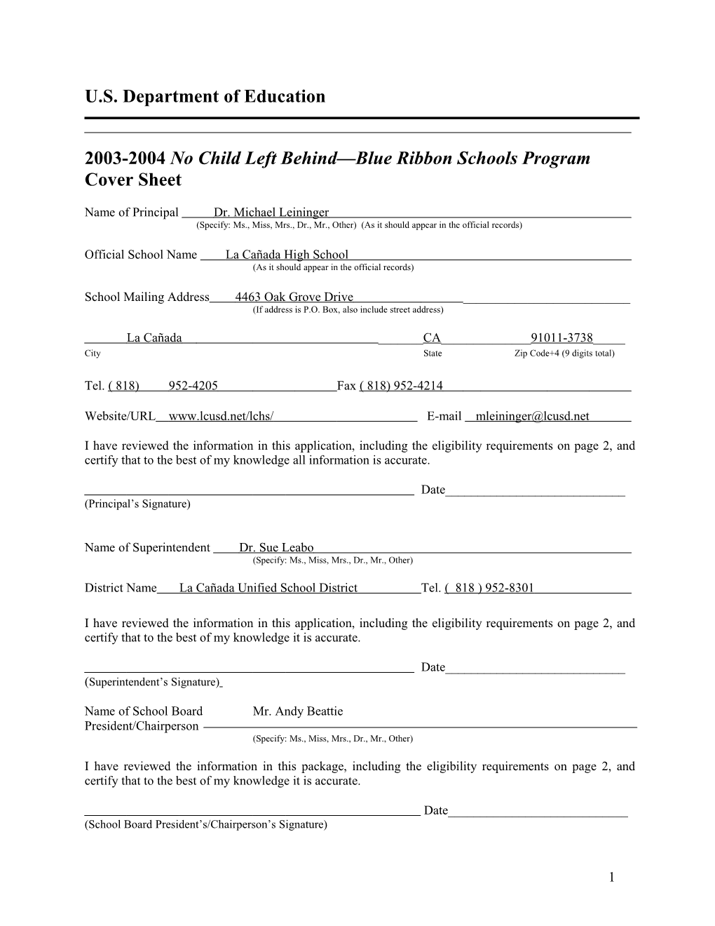 La Canada High School 2004 No Child Left Behind-Blue Ribbon School Application (Msword)