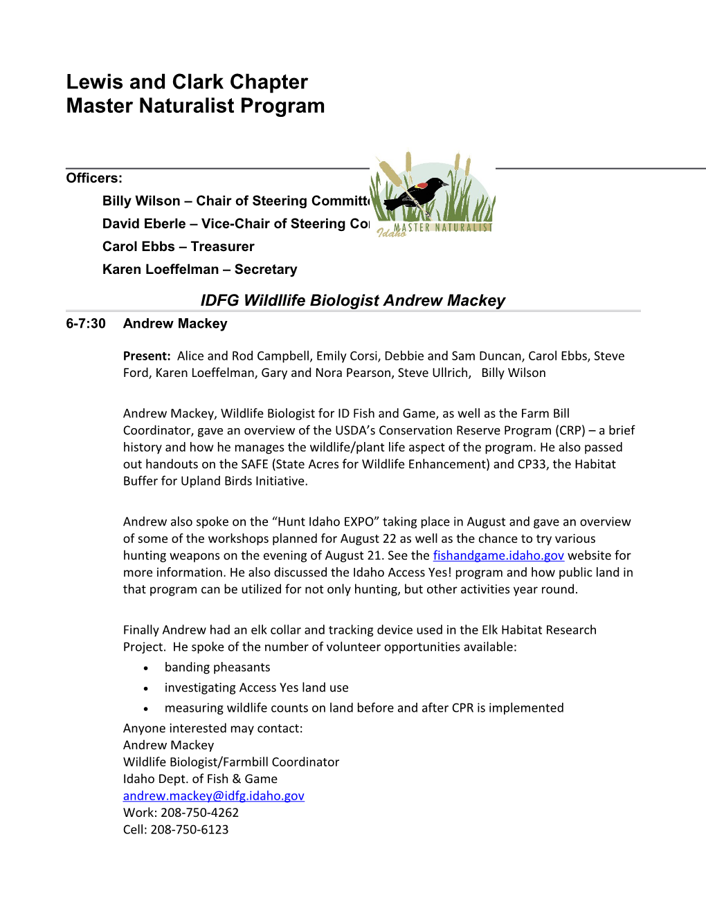 Idaho Master Naturalist Lewis and Clark Chapter Meeting Minutes, 06-23-2015