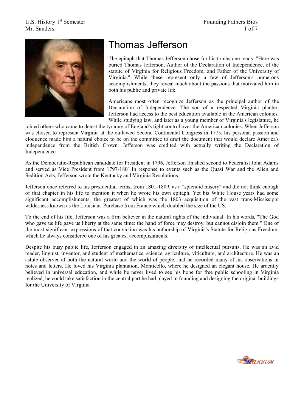 U.S. History 1St Semester Founding Fathers Bios