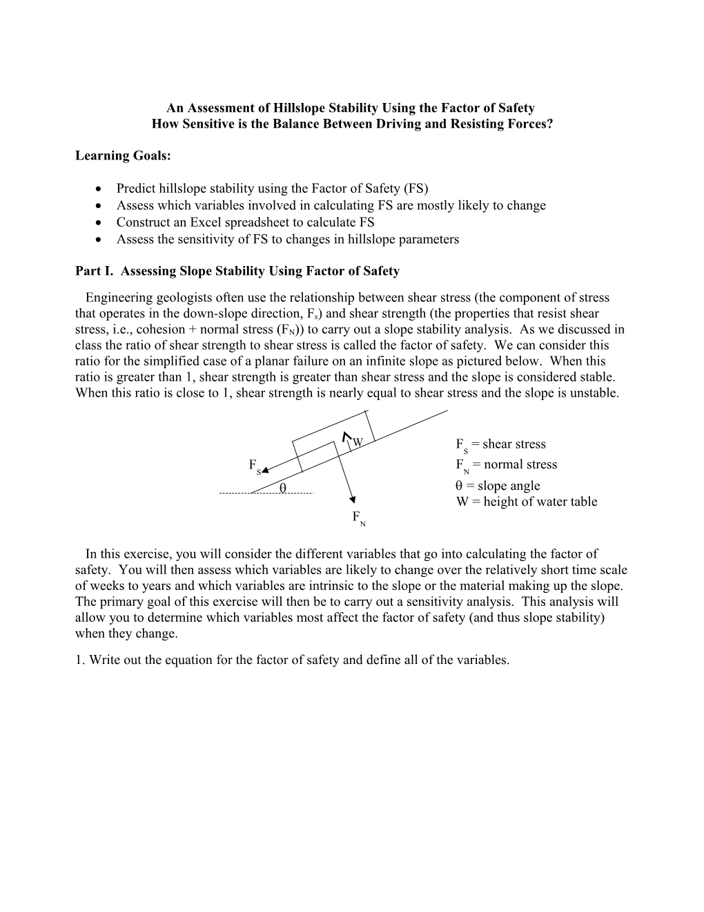 An Assessment of Hillslope Stability Using the Factor of Safety