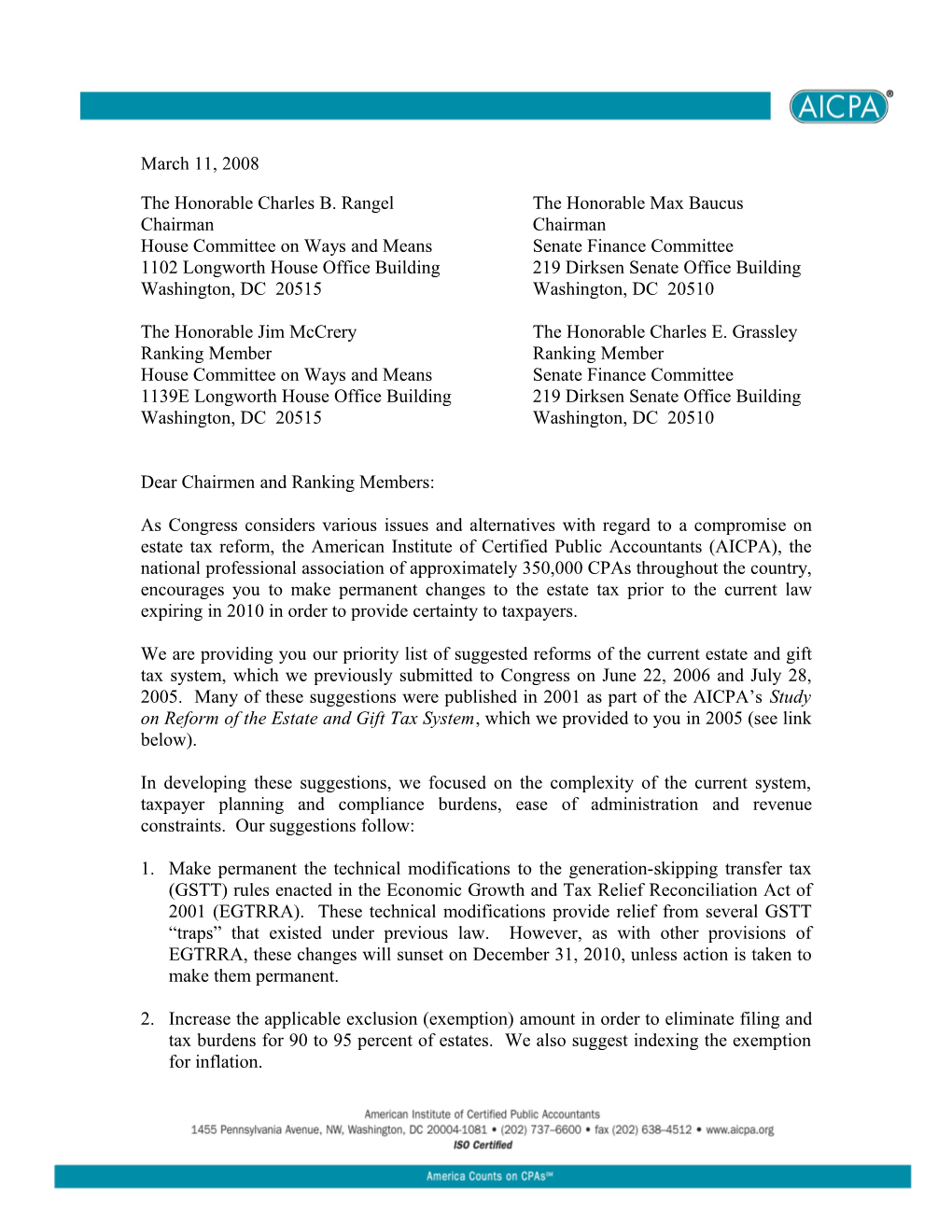 March 11, 2008 AICPA Letter to Congress on Estate Tax