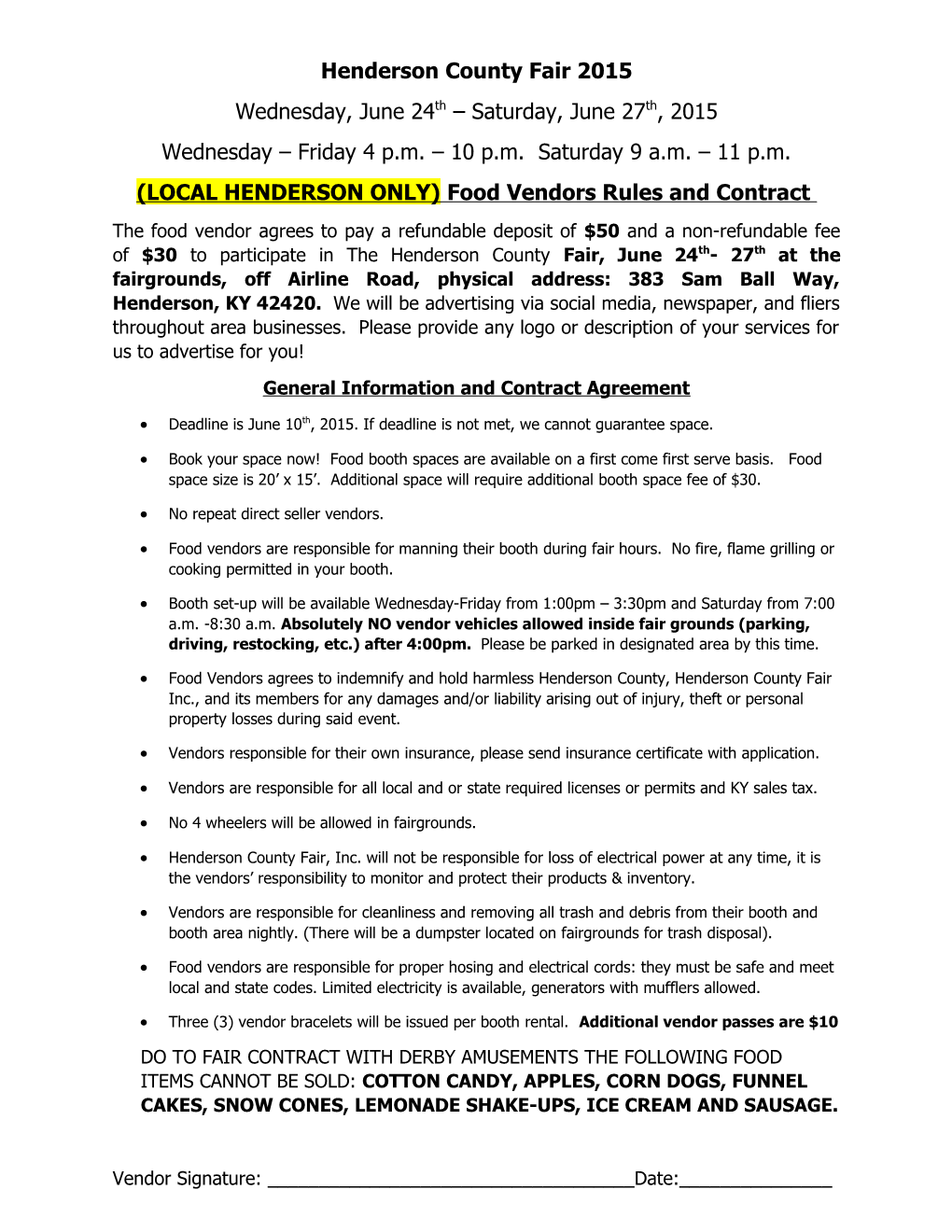 (LOCAL HENDERSON ONLY)Food Vendors Rules and Contract