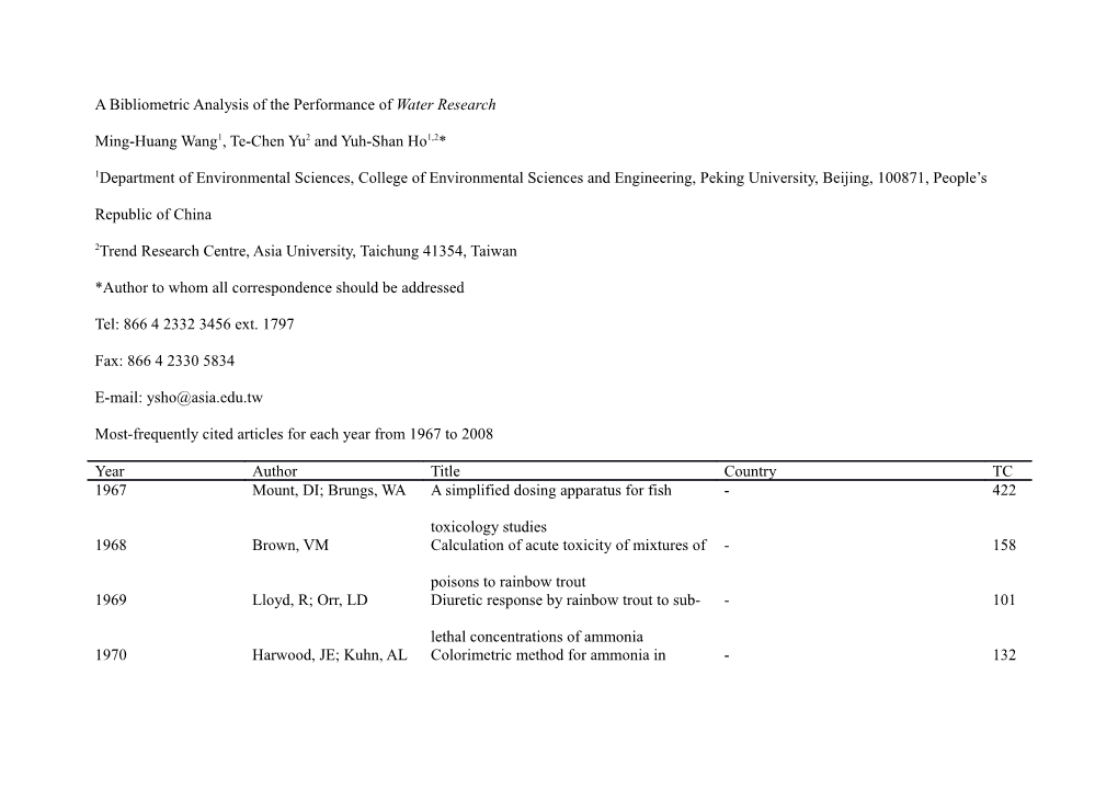 A Bibliometric of the Performance of Water Research