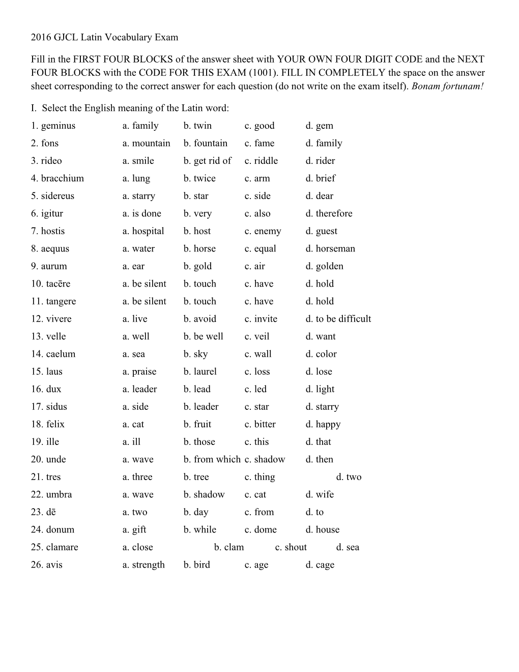 2016 GJCL Latin Vocabulary Exam