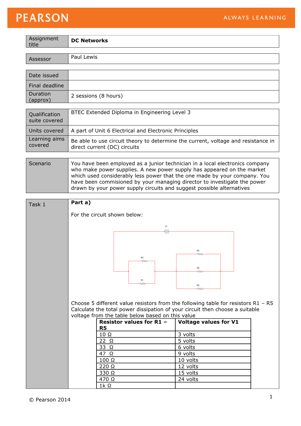 Unit 8: Electronic Circuit Design and Construction - Authorised Assignment Brief for Learning