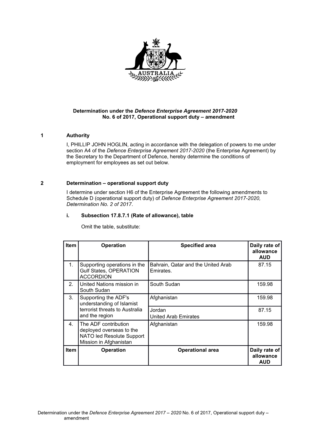 Determination Under the Defence Enterprise Agreement 2017-2020No. 6 of 2017, Operational