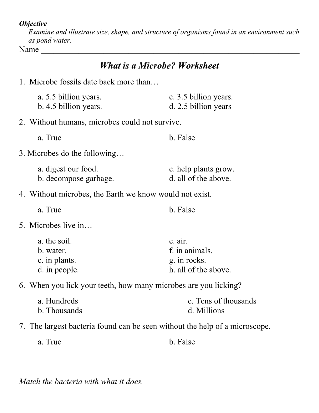 What Is a Microbe? Worksheet