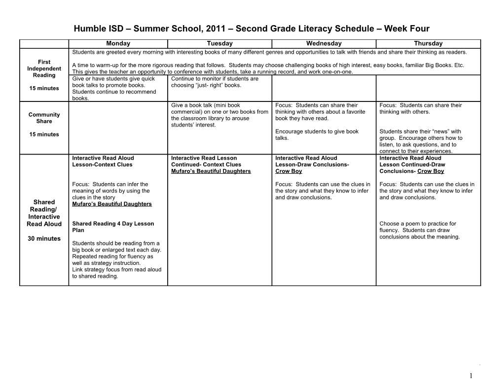 First Grade Literacy Schedule