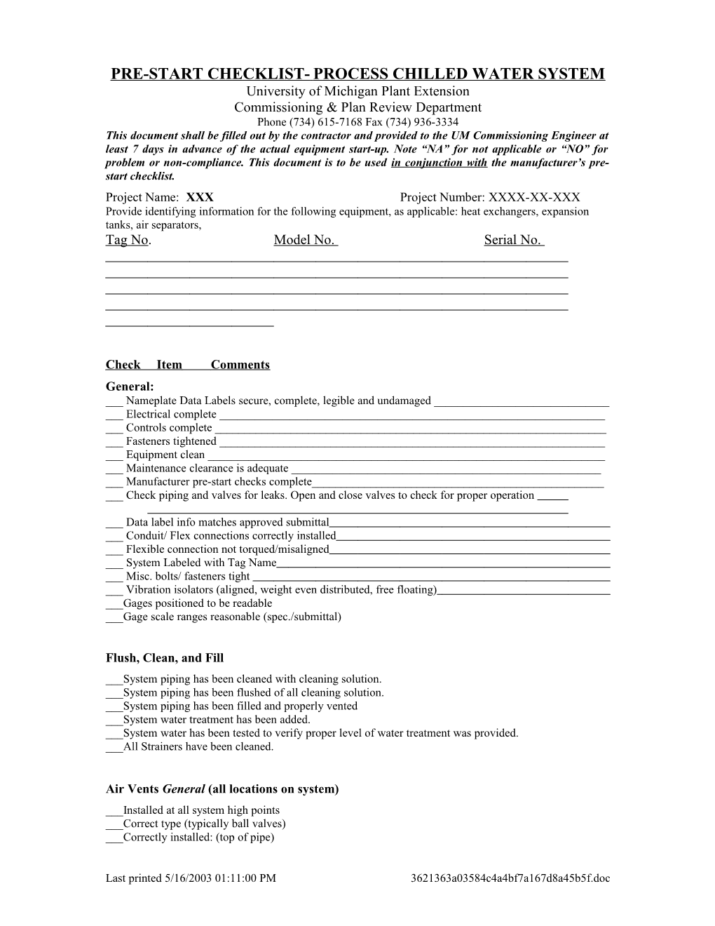 Pre-Start Checklist- Air Handling System Ahu-1