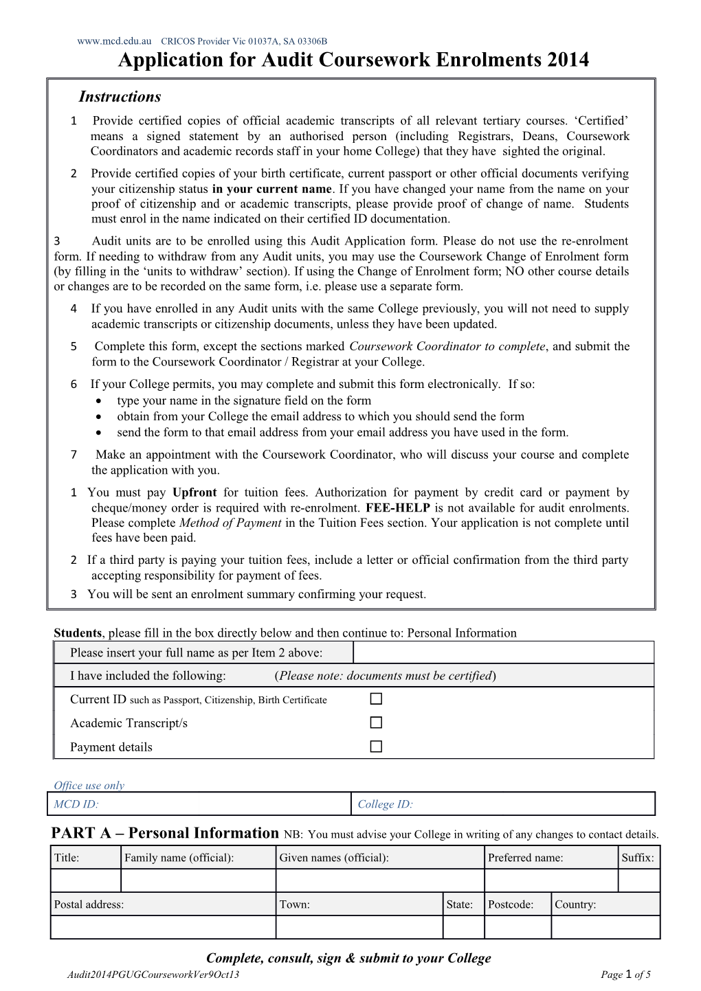Application for Audit Courseworkenrolments 2014