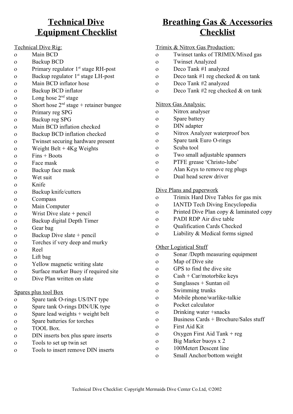 Rebreather Course Equipment Checklist