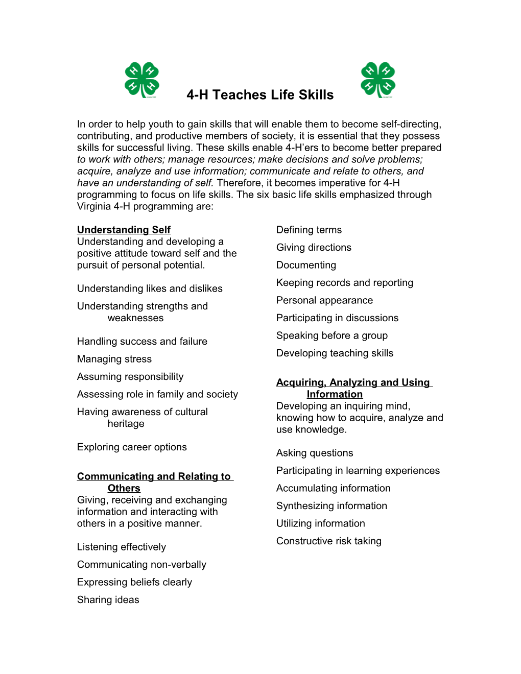 4-H Teaches Life Skills