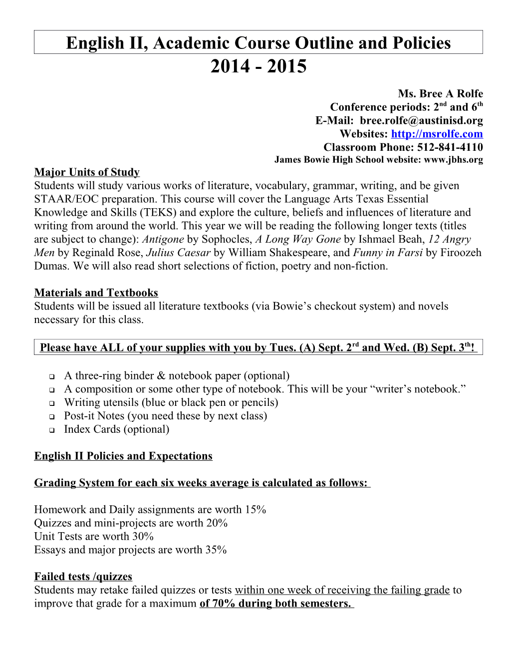 English II, Academic Course Outline and Policies
