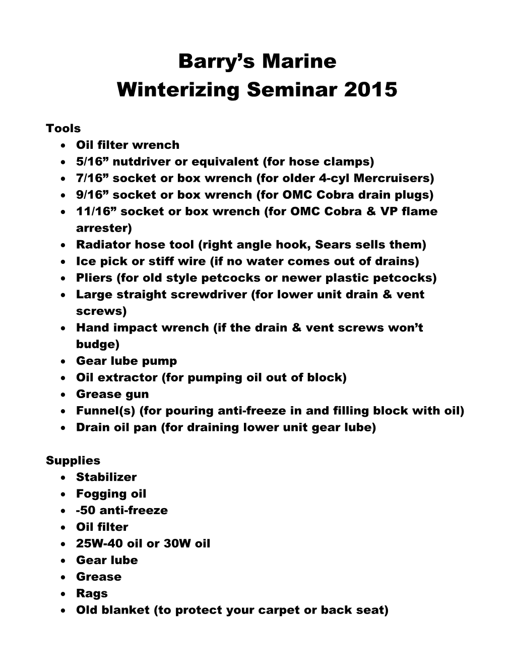Winterizing Seminar 2015