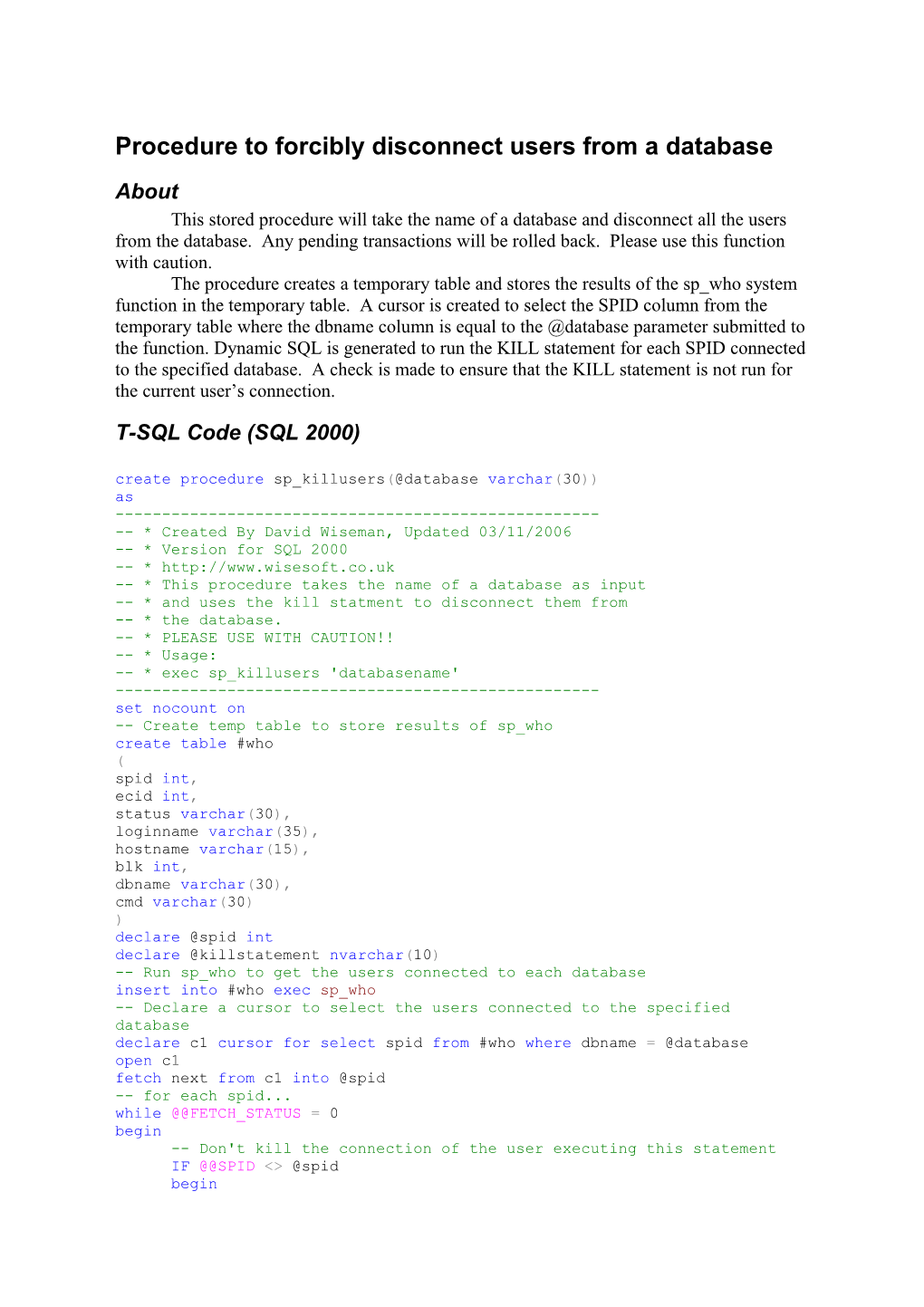 Function to Forcibly Disconnect Users from a Database