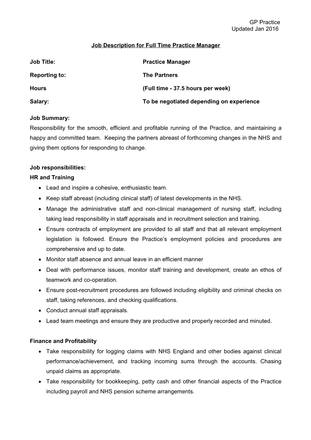 DRAFT JOB DESCRIPTION - Administrator