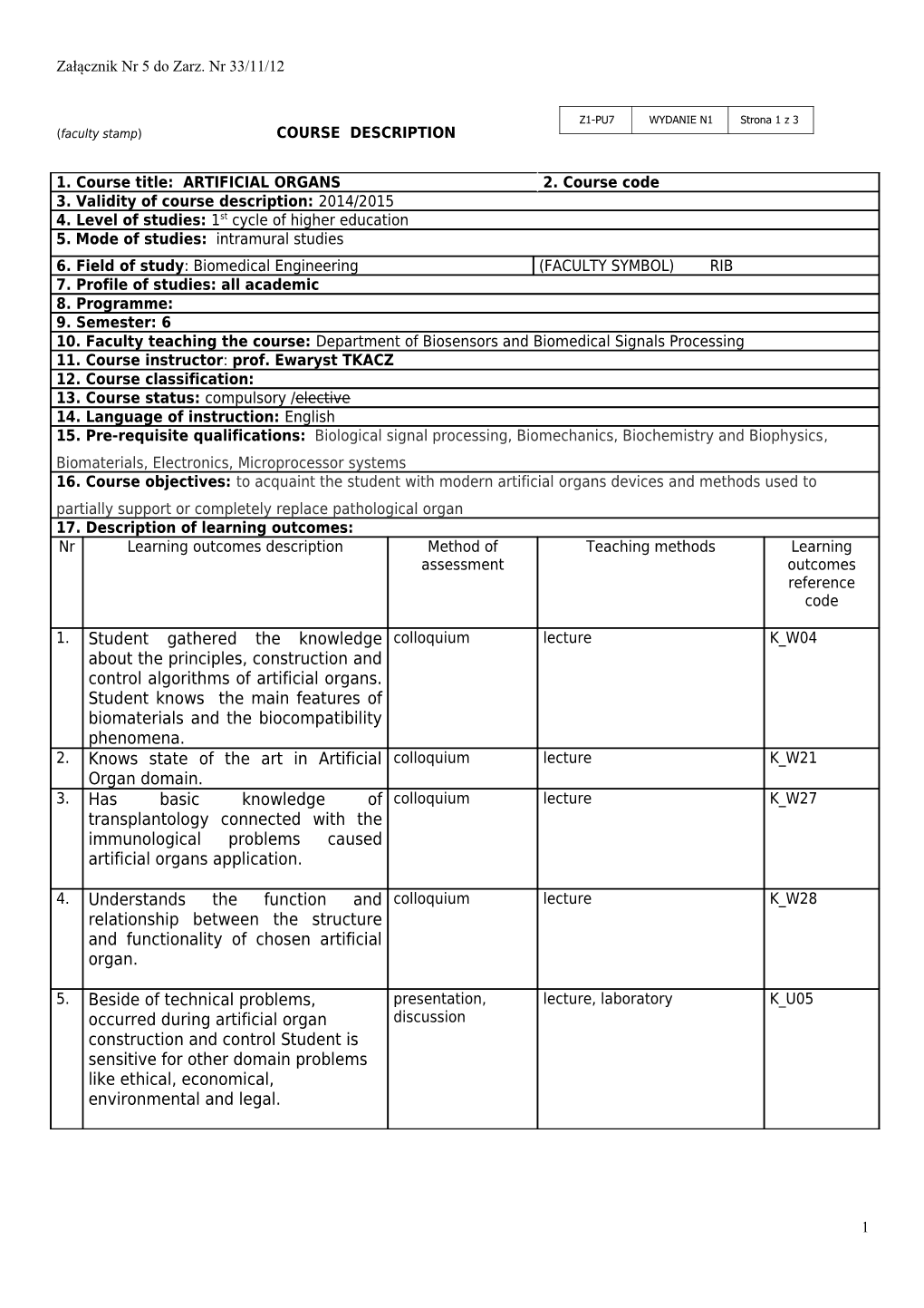 Artificialorgans RIB Syllabus